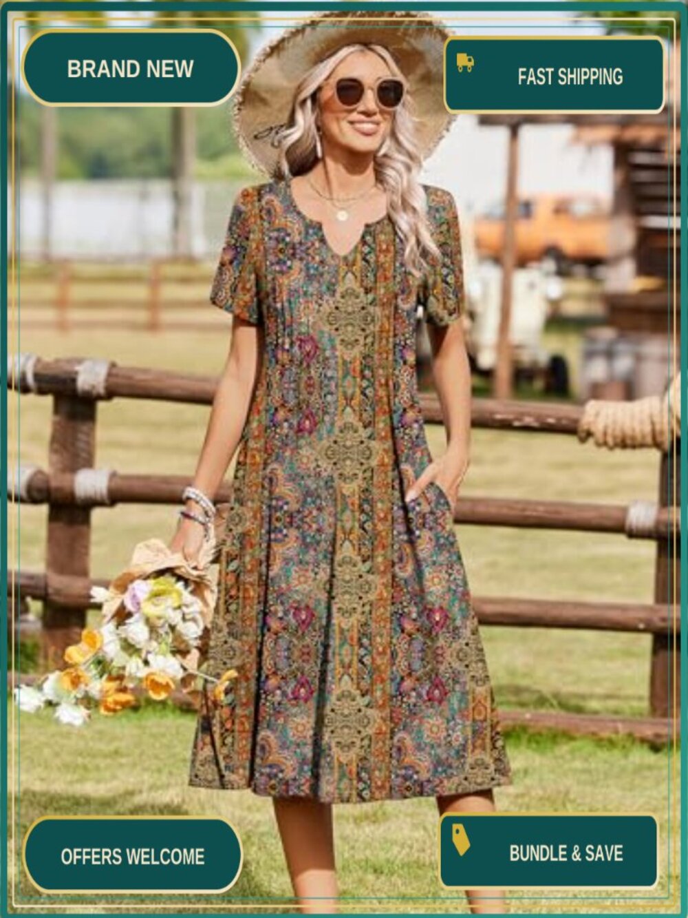 Casual Short Sleeve Aline Midi Dress with Pockets Flowy Pleated Beach Sundress - Picture 2 of 6